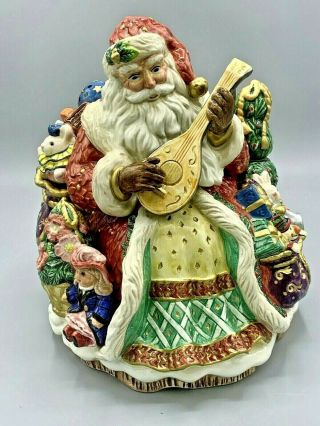 Fitz And Floyd Christmas Wreath Santa W Gift Bag Playing Mandolin Cookie Jar