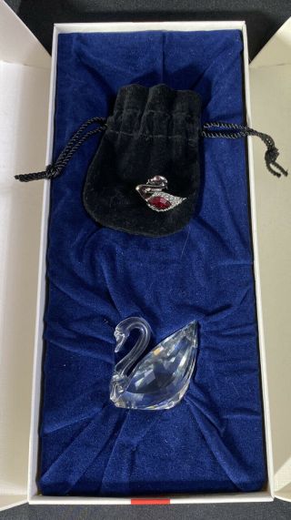 Swarovski Crystal Small Swan & Ruby Red Swan Tie Tack/lapel Pin In Velvet Bag