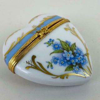 Limoges France Dubarry Blue Gilt Violets Floral Bow Heart Porcelain Trinket Box