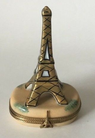 Peint Main Limoges France Eiffel Tower Trinket Box Tan With Green Accents