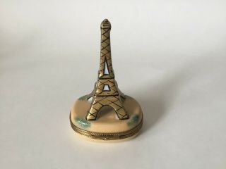 Peint Main Limoges France Eiffel Tower Trinket Box Tan With Green Accents 2