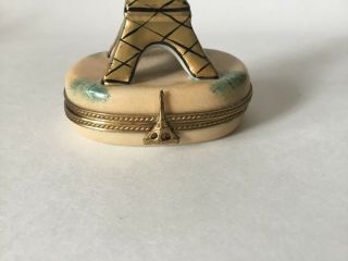 Peint Main Limoges France Eiffel Tower Trinket Box Tan With Green Accents 3