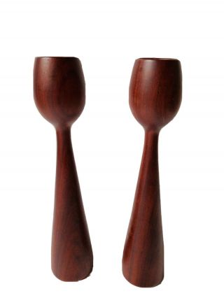 Vintage Pair Danish Modern Turned Solid Wood Tulip Candlesticks Mid Century 10”