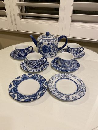 Bombay Company Blue And White Coffee And Tea Set