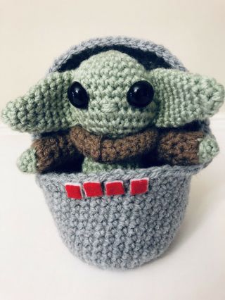 Handmade Crochet Star Wars Baby Yoda 4 - 5”,  Space Pod