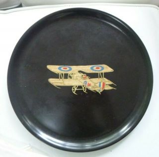 Vintage Couroc Of Monterey Wwi Bi - Plane Mid Century Black Round Serving Tray 10”