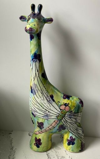 Giraffe Anatoly Turov Art Ceramics 17” Figurine Dragonfly Blue Green Signed
