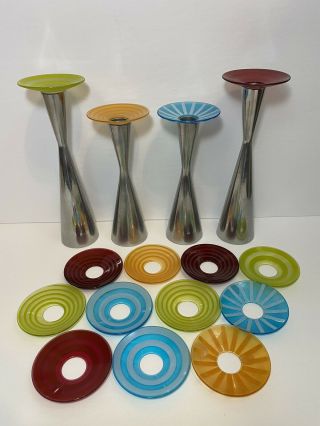 4 Vintage/mid - Century/danish Modern Silver/aluminum Candle Holders W/ Color Tops