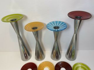 4 VINTAGE/Mid - Century/Danish Modern SILVER/Aluminum CANDLE HOLDERS W/ Color Tops 2