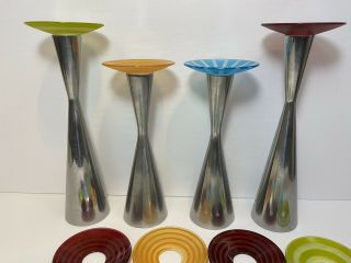 4 VINTAGE/Mid - Century/Danish Modern SILVER/Aluminum CANDLE HOLDERS W/ Color Tops 3