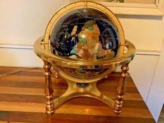 Gemstone World Globe On Fixed Brass Stand Lapis Color Blue