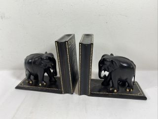 Vintage Antique Ceylon Elephant Bookends Hand Carved Solid Ebony Wood Rare C1