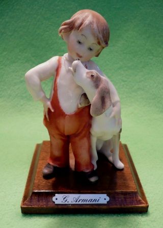 Vintage G.  Armani Capodimonte Mark Little Boy With Dog Statue Figurine On Wooden