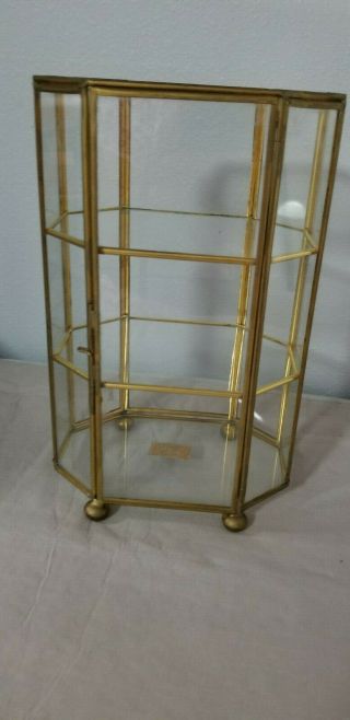 Vintage Miniature Brass Glass Curio Display Case Table Top 2 Shelves 8.  25 " Tall