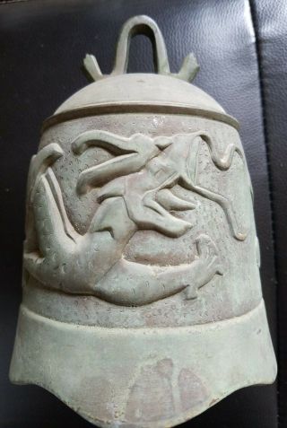 Vintage Bronze Dragon Bell In Verdigris Color W/no Clapper & Is Struck W/a Stick