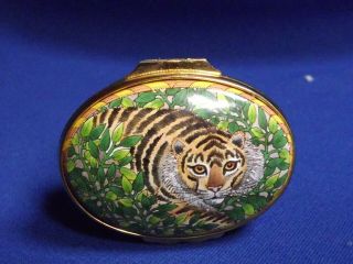 Halcyon Days Enamel Box - Tiger In The Jungle Wild Cat In Vines & Leaves