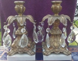 Set Of 2 Vintage Marble Base Brass Candle Holders Made In Italy Teardrop Prisms