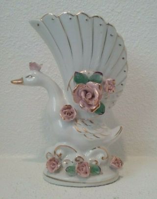 Vintage White Swan With Raised 3 - D Flowers Porcelain Bud Vase Or Planter - Japan