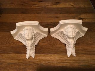 Vintage Pair (2) Gloss White Ceramic Cherub Wall Mount Display Shelf Sconces