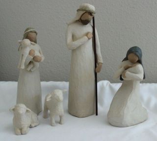 Willow Tree Demdaco Nativity Figurines Mary Joseph Girl W/ Lamb,  5 Piece Set