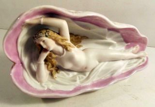 Vintage High Relief Lounging Nude Woman In Seashell Porcelain Figurine Mid 1900s