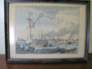 Antique Early 18th.  Century Dutch Harbor Scene Print