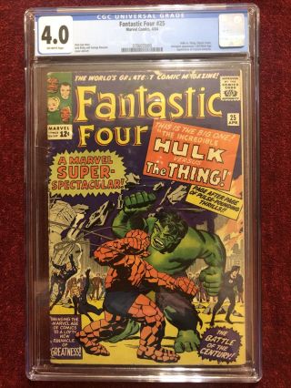 Fantastic Four (1961 1st Series) 25 Cgc 4.  0.  Hulk Vs Thing Classic Cover.