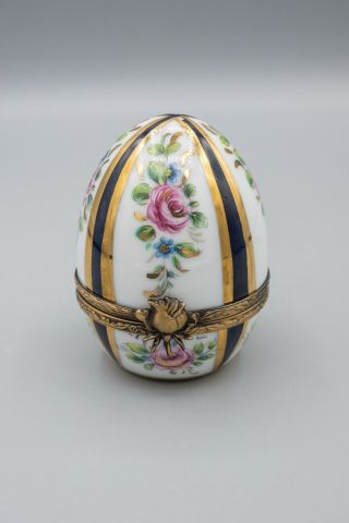 Limoges France Porcelain Trinket Box Egg Shaped Cobalt Blue Rose Gold