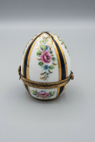 Limoges France Porcelain Trinket Box Egg Shaped Cobalt Blue Rose Gold 3