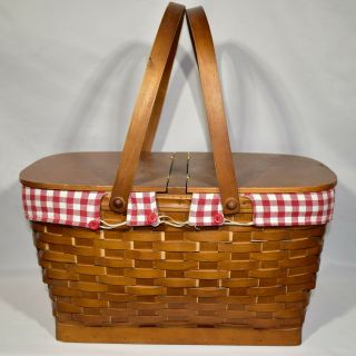 Canadian Maple Large Picnic Basket Heritage Red Liner Double Sided Lid Euc
