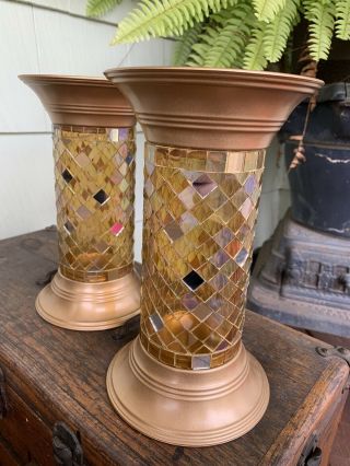 Partylite Global Fusion Gold Glass Mosaic Pillar Candle Holder Columns Set Of 2