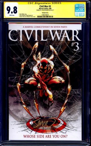 Civil War 3 Michael Turner Variant Cgc Ss 9.  8 Signed Steve Mcniven Iron Spider