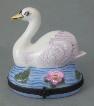 Limoges France Peint Main Porcelain Figural Swan Trinket Box Tradition D 