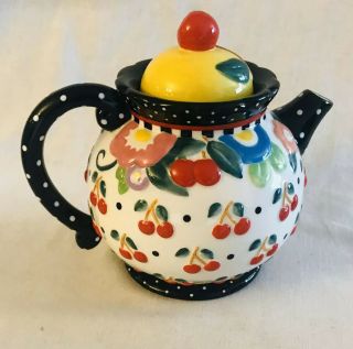 Mary Engelbreit Me Ink Oh So Breit Ceramic Teapot With Cherries And Polka Dots