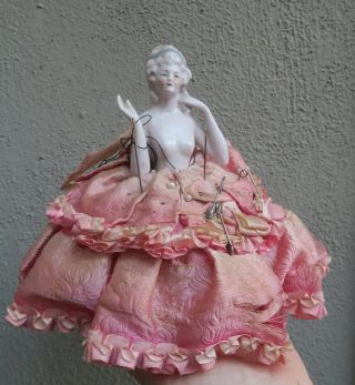 Pin Cushion Lady Rose Tiara Porcelain Half Doll German Halfdoll Pink Dress
