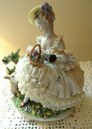 Unter Weiss Bach,  Germany Porcelain Woman,  With A Lamb,  Wearing Lace Like Dresden