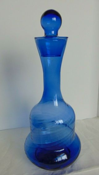 Empoli Cobalt Blue Art Glass Hand Blown Swirl Decanter/carafe/vase W/stopper 11 "
