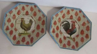 John Derian Octagonal Plates - Rooster And Hen - Signed Decoupage