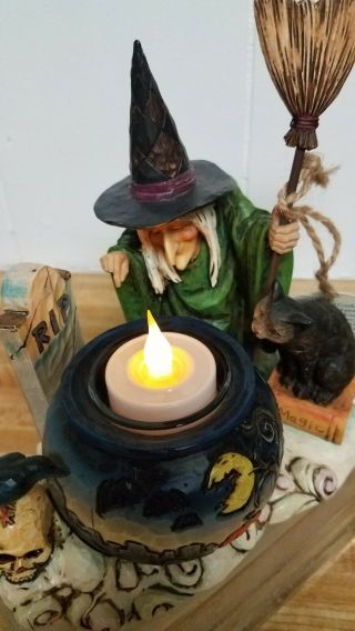 Jim Shore Halloween Witch With Cauldron Tealight Candle Holder