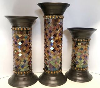 Partylite Global Fusion Stained Glass Mosaic Column Pillar Candle Holders P9300