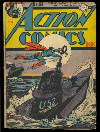 Action Comics 54 (missing Pages) Nazi Wwii War Cover Superman Dc 1942 Gd,