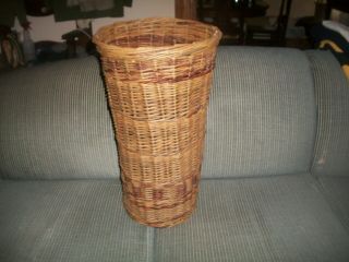 Vintage Wicker/rattan Floor Vase Dark Brown Two Tone Stand Alone 21 " X12 "
