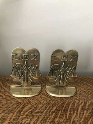 Vintage Lex Law Solid Brass Book Ends Legal Lawyer Scales Of Justice