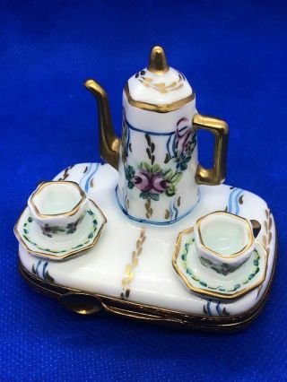 Limoges,  France French Peint Main Trinket Box Porcelain Signed By Artist Tea Cup