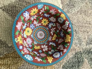 Antique Chinese Cloisonne Bowl W/enamel/brass Floral Details Turquoise Dark Red