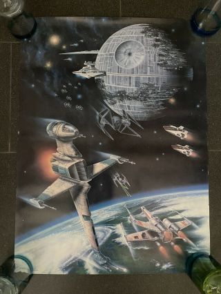 Vintage Star Wars Fan Club Poster 1983 Ships Death Star X - Wings Tie Interceptors