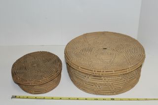 Set of 2 Vintage Sweet Grass Sweetgrass Hand Woven Round Baskets w/Lids & Design 2