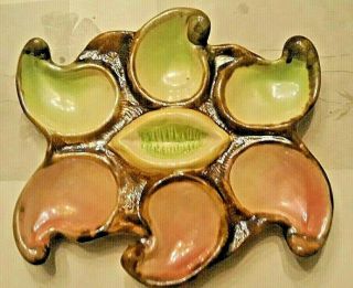 Antique Rare French Vallauris Majolica Shell Shape Oyster Plate Pink & Green