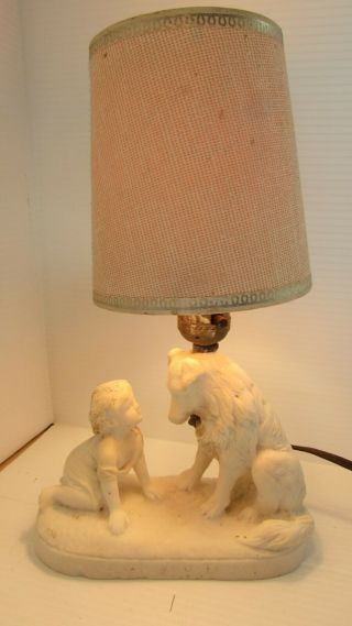 Antique Table Lamp Chalkware Figurine " Can You Talk "