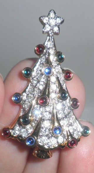 Swarovski Multicolor Crystal Christmas Tree Brooch Pin Gold Toned Signed W/box